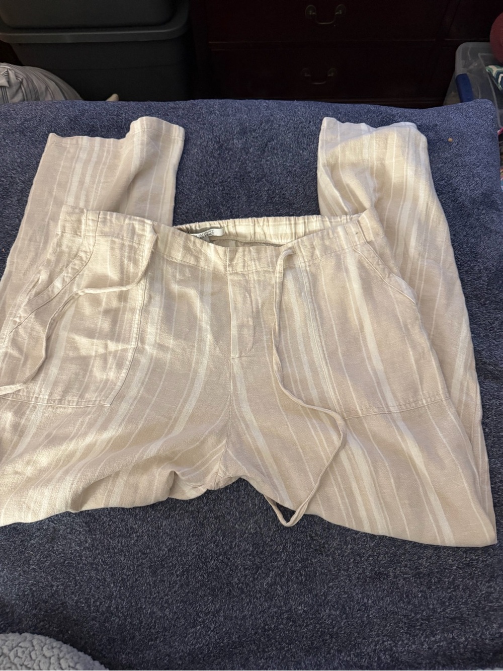 Ellen Tracy Cream Beige Striped Wide-Leg Drawstring Pants